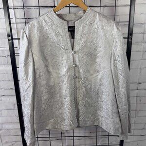 Adrianna Papell Silver Silk Embroidered Jacket – Size 18, Mandarin Collar